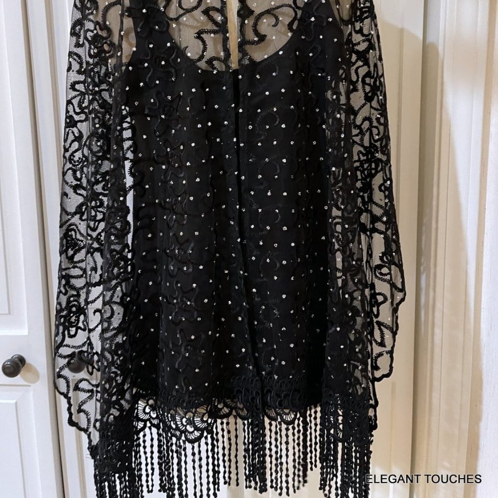 Victorian Vintage High Neck Capelet Black Womens M / L Sheer Beaded Fringed Cape - Picture 9 of 15